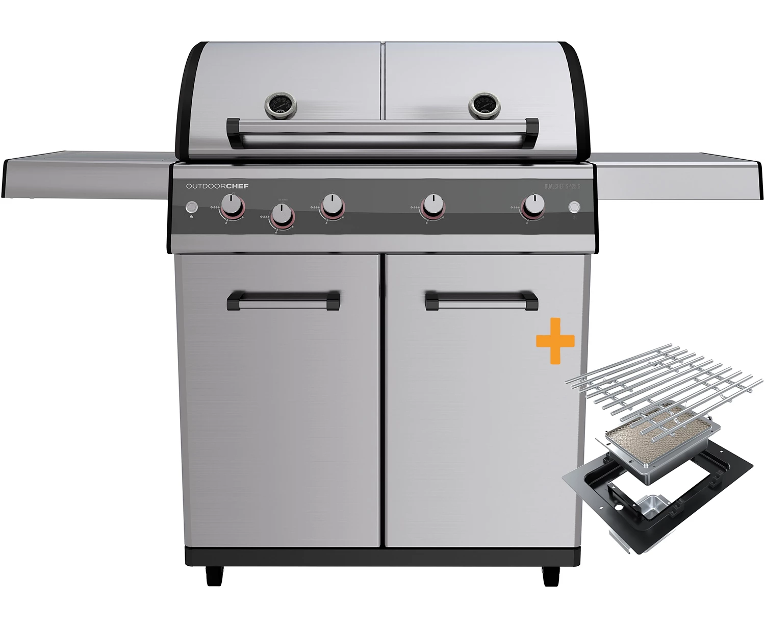 Outdoorchef Dualchef S 425 G Edelstahl Gasgrill Mit Seitenkocher + Blazing Zone Infrarotbrenner + DGS Gusseisen Grillrost 2 Stk. + DGS Gemüse Grillrost 2 Stk.
