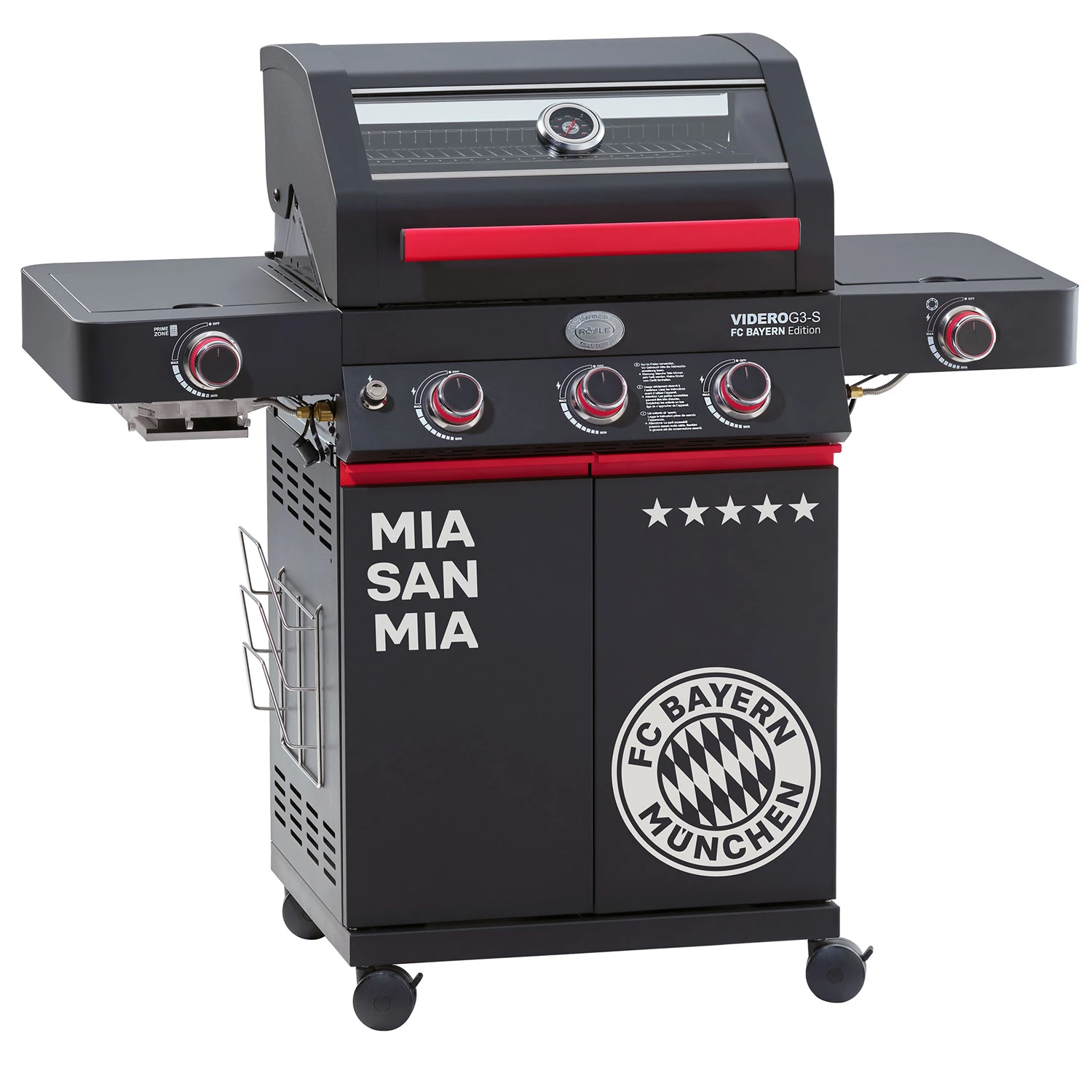 Rösle Videro G3-S VARIO+ Schwarz Gasgrill - FC Bayern Edition - Inkl. FC Bayern Abdeckhaube, Barbecue Grillzange Und Burgerpresse